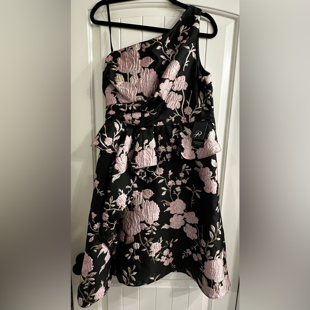 One shoulder floral jacquard Adrianna Papell dress.